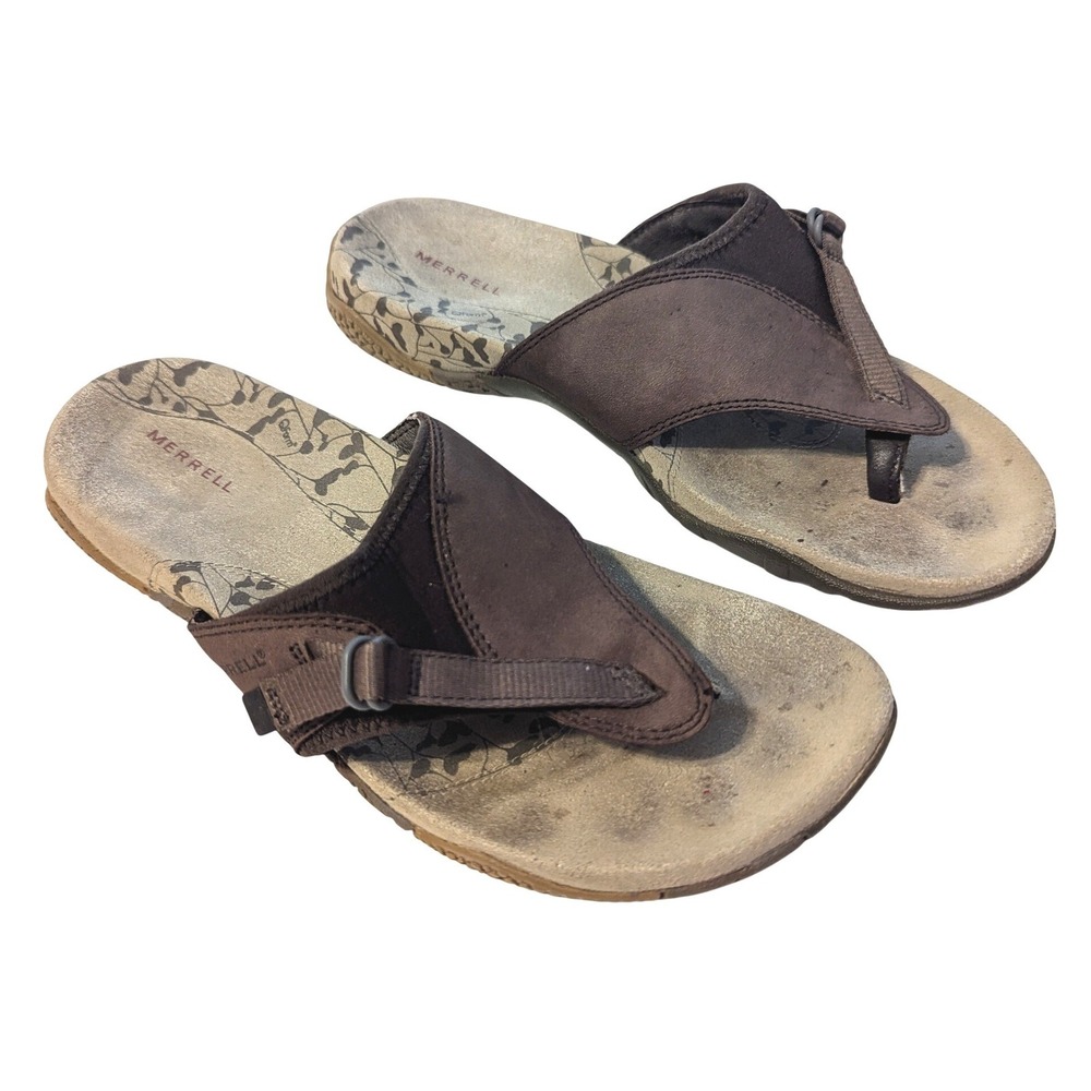 Merrell Senise Brown Leather Thong Sandals Womens 8 Adjustable Buckle J36422